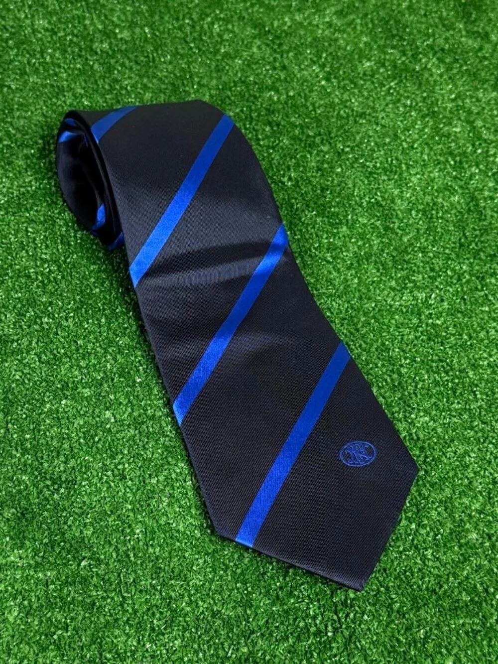 Rare FNH LLC Military Operations Monogram Silk Regimental Tie Navy Royal Silk